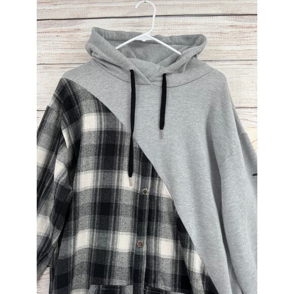 Maniere De Voir Split Flannel Fleece Hoodie Womens 8 Gray Black White Drawstring - Picture 3 of 12